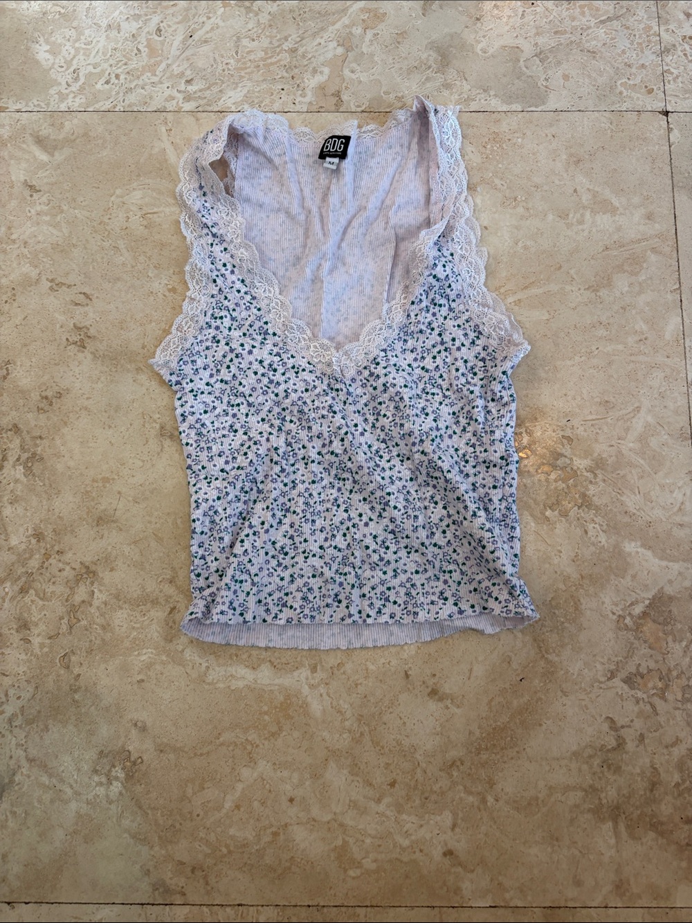 BDG White Floral Lace-Trim Camisole with Blue Accents